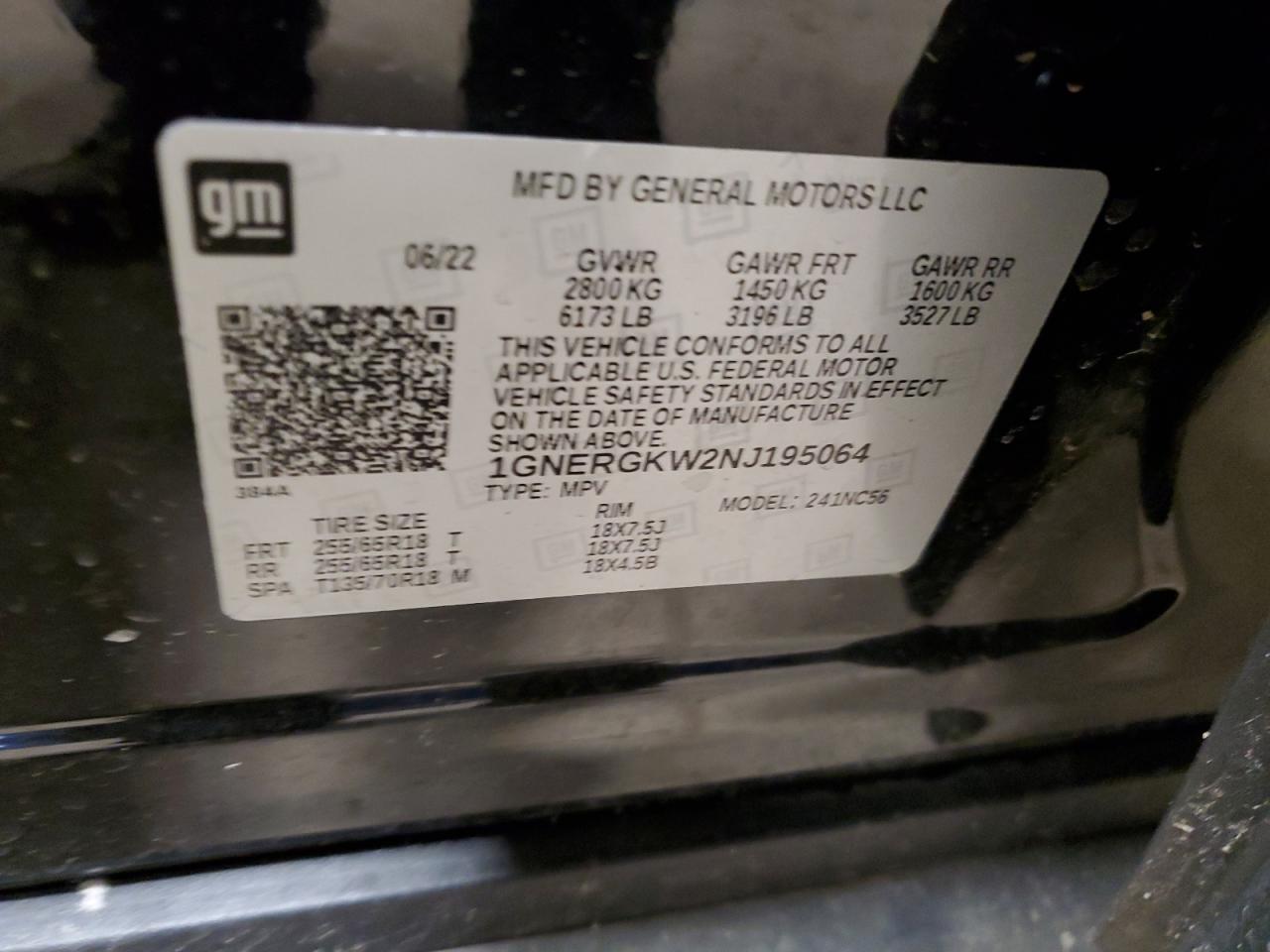 2022 CHEVROLET TRAVERSE LT VIN:1GNERGKW2NJ195064