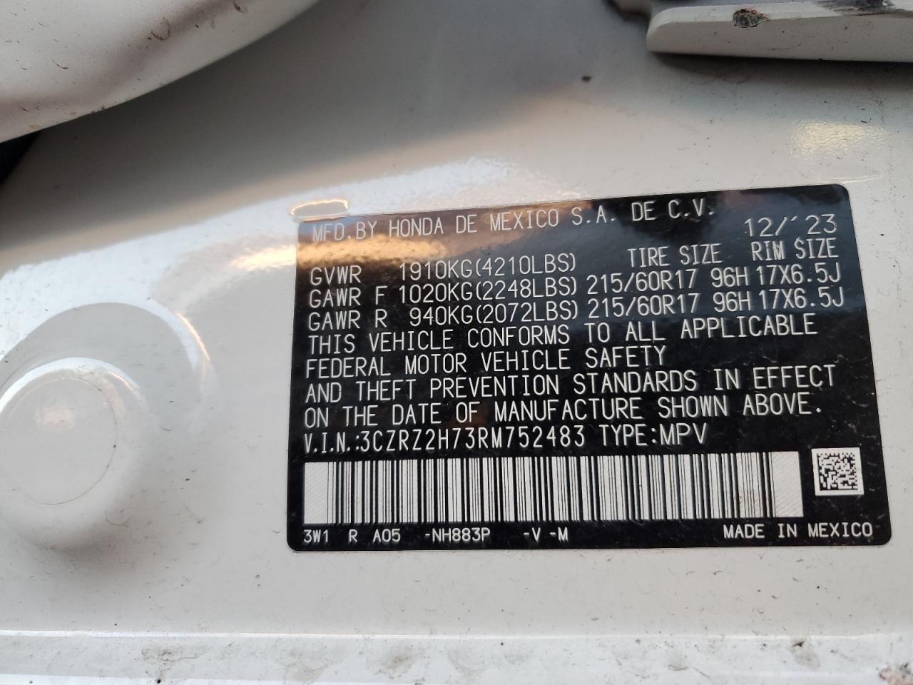 2024 HONDA HR-V EXL VIN:3CZRZ2H73RM752483