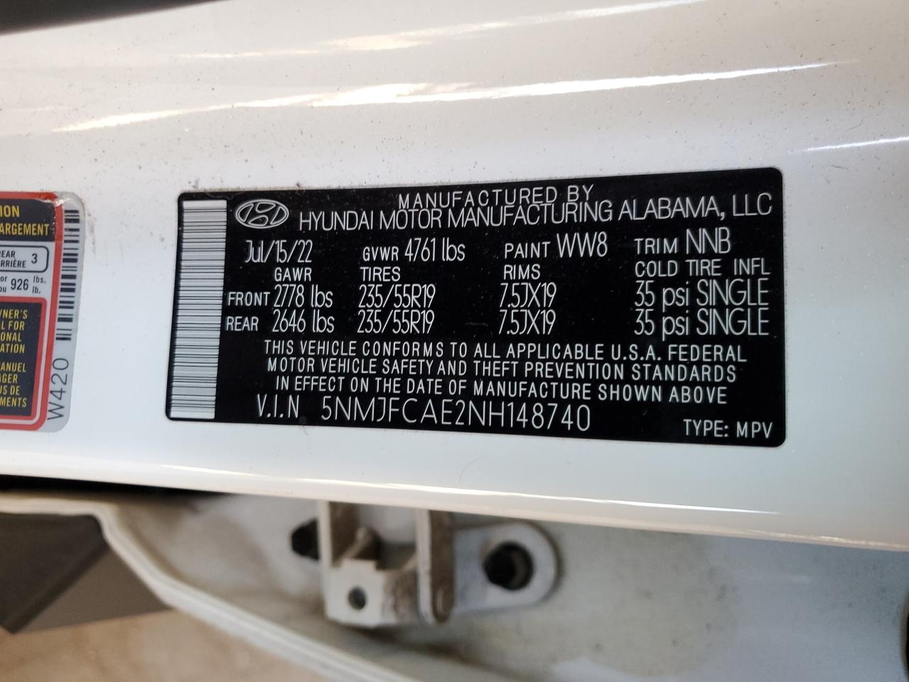 2022 HYUNDAI TUCSON SEL VIN:5NMJFCAE2NH148740