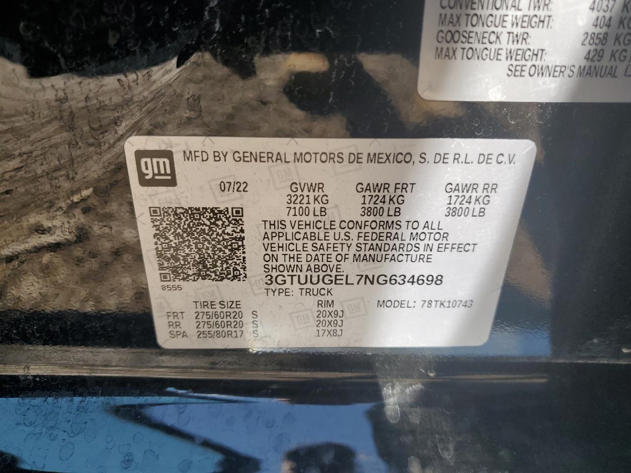2022 GMC SIERRA K1500 DENALI VIN:3GTUUGEL7NG634698
