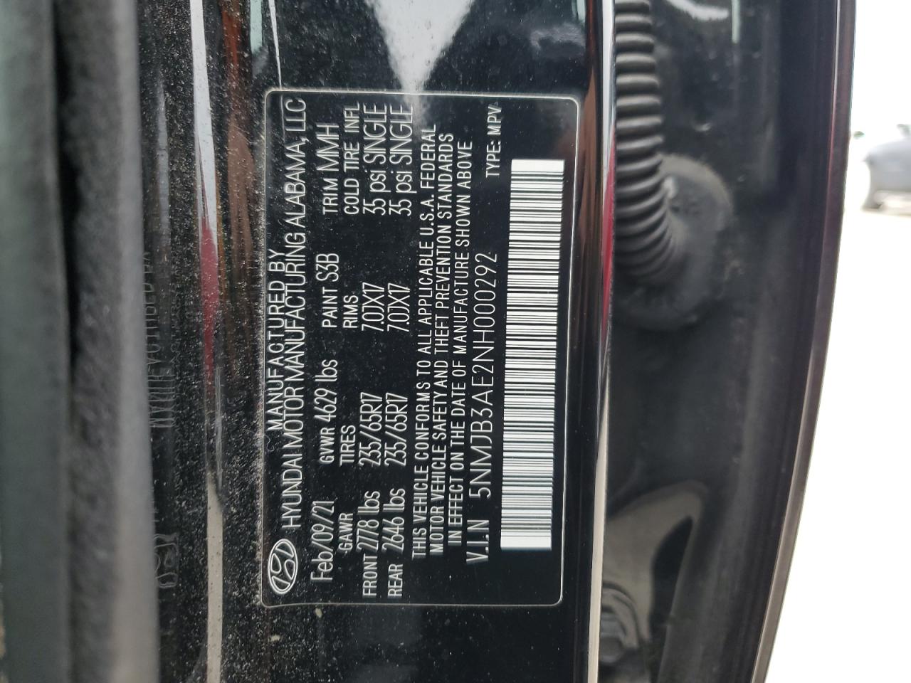 2022 HYUNDAI TUCSON SEL VIN:5NMJB3AE2NH000292