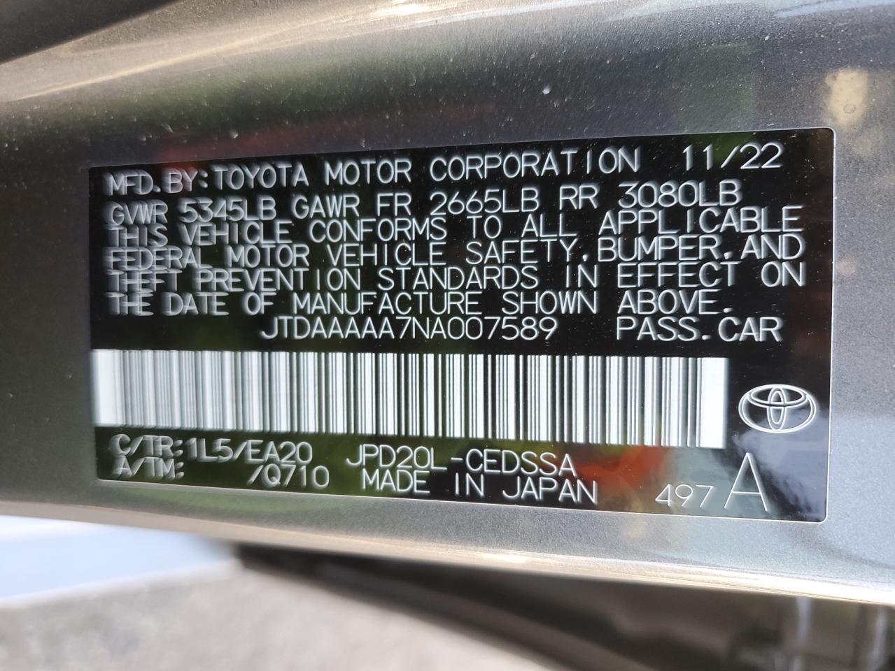 2022 TOYOTA MIRAI LE VIN:JTDAAAAA7NA007589