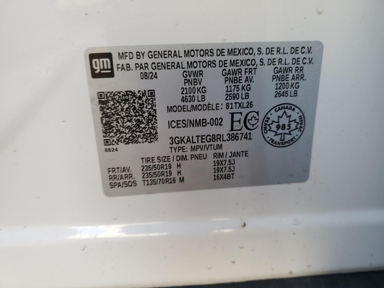 2024 GMC TERRAIN SLE VIN:3GKALTEG8RL386741