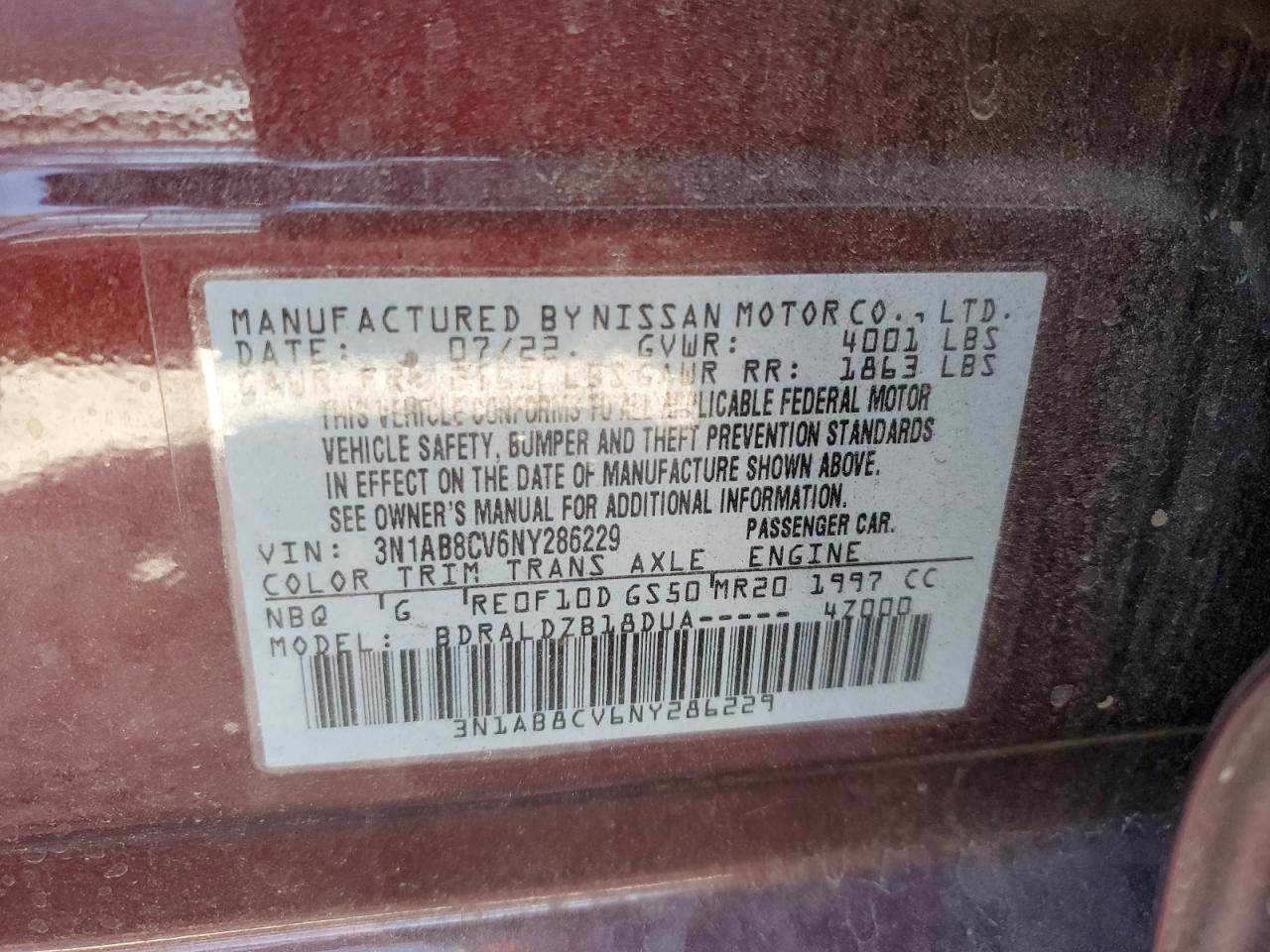 2022 NISSAN SENTRA SV VIN:3N1AB8CV6NY286229