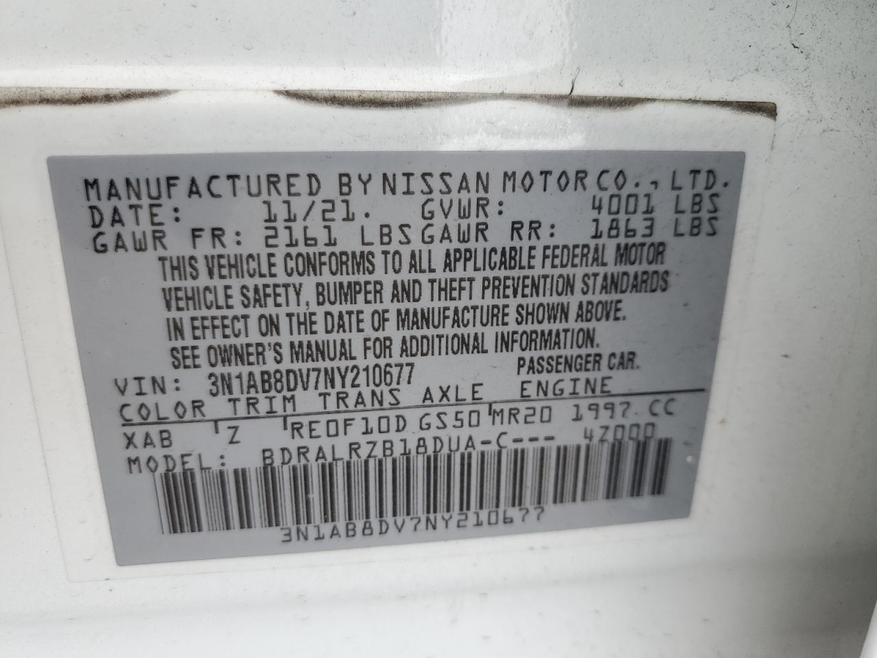 2022 NISSAN SENTRA SR VIN:3N1AB8DV7NY210677