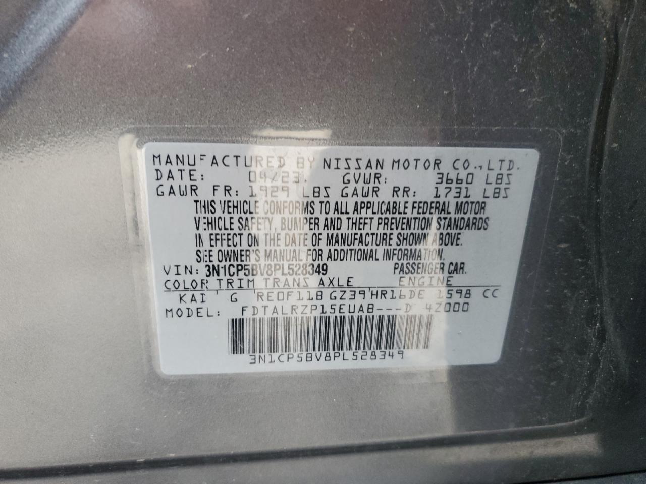 2023 NISSAN KICKS S VIN:3N1CP5BV8PL528349