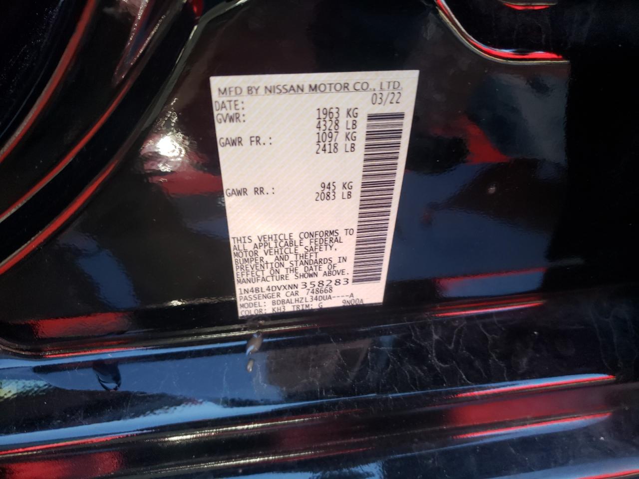 2022 NISSAN ALTIMA SV VIN:1N4BL4DVXNN358283