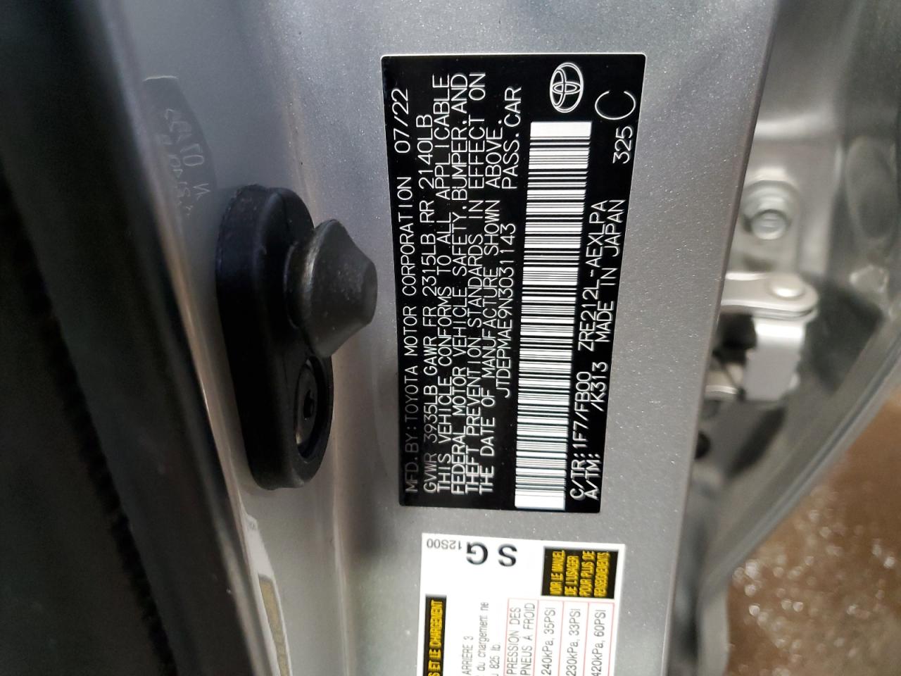 2022 TOYOTA COROLLA LE VIN:JTDEPMAE9N3031143