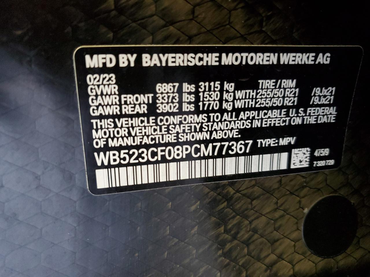 2023 BMW IX XDRIVE50 VIN:WB523CF08PCM77367