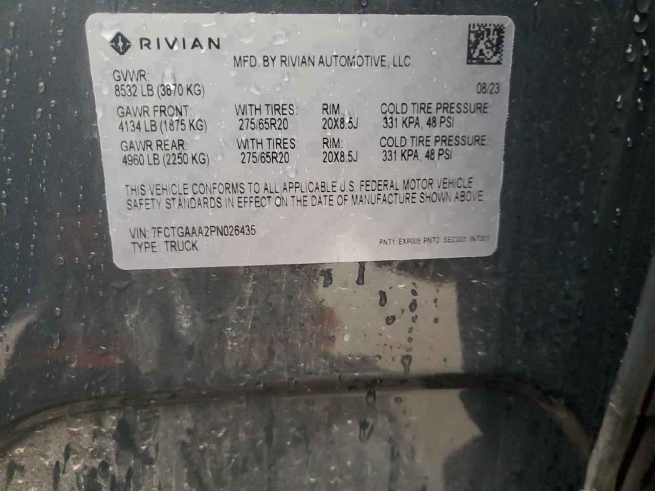 2023 RIVIAN R1T ADVENTURE VIN:7FCTGAAA2PN026435