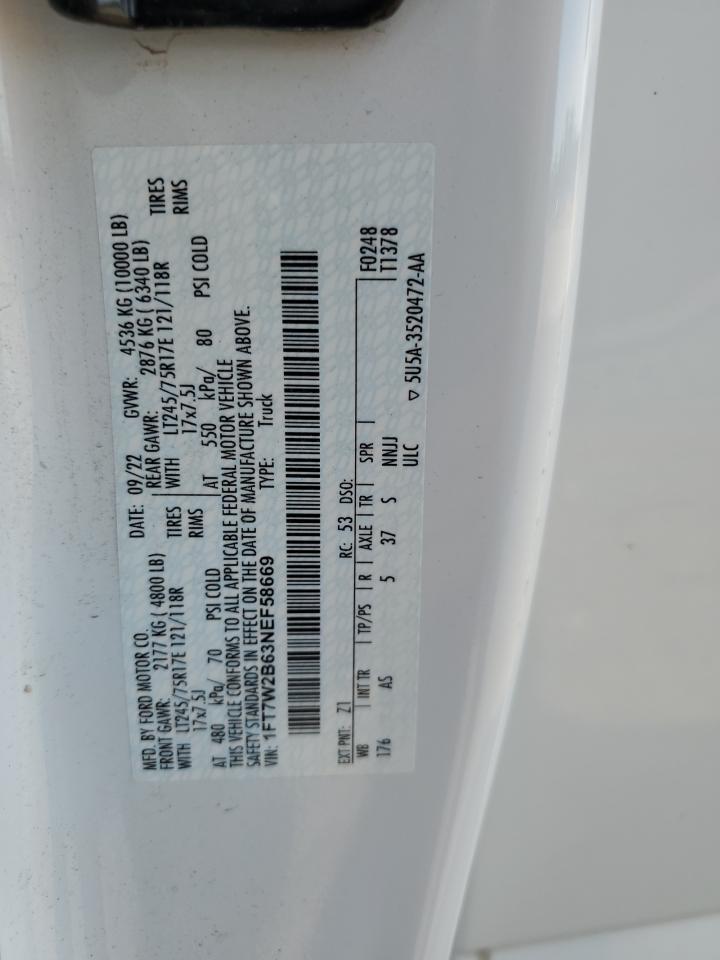 2022 FORD F250 SUPER DUTY VIN:1FT7W2B63NEF58669