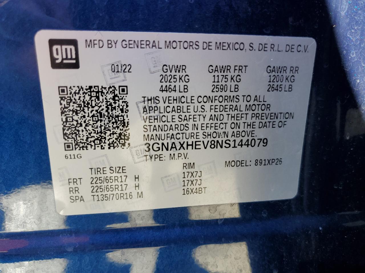 2022 CHEVROLET EQUINOX LS VIN:3GNAXHEV8NS144079