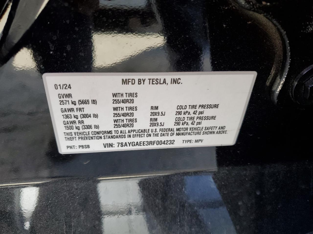 2024 TESLA MODEL Y  VIN:7SAYGAEE3RF004232