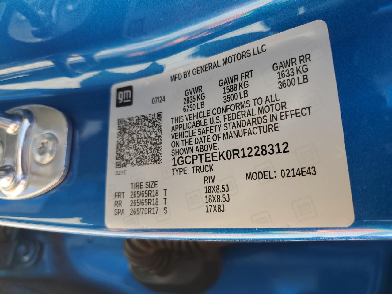 2024 CHEVROLET COLORADO TRAIL BOSS VIN:1GCPTEEK0R1228312