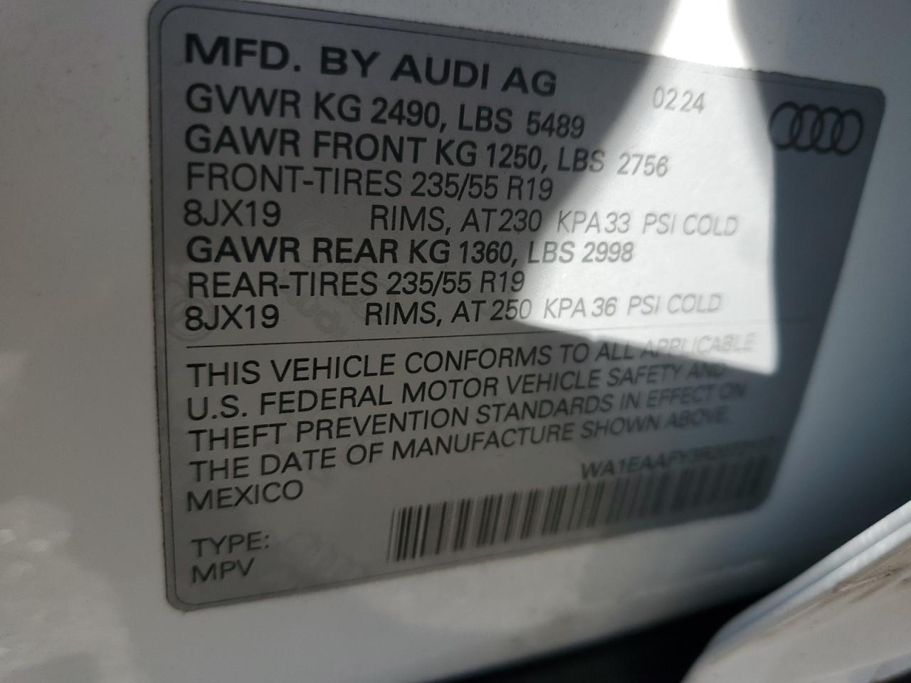 2024 AUDI Q5 PREMIUM PLUS 45 VIN:WA1EAAFY3R2072117