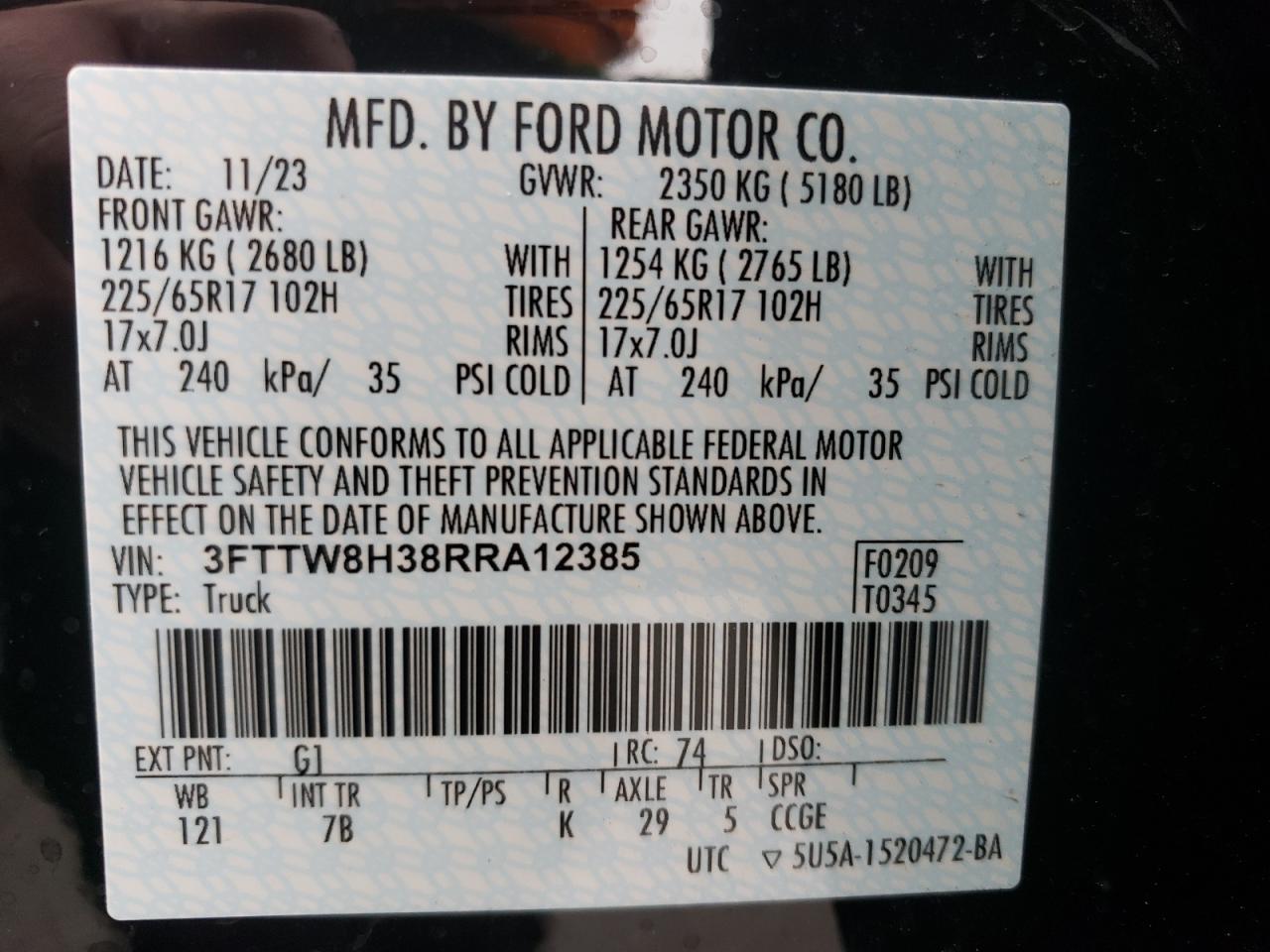 2024 FORD MAVERICK XLT VIN:3FTTW8H38RRA12385