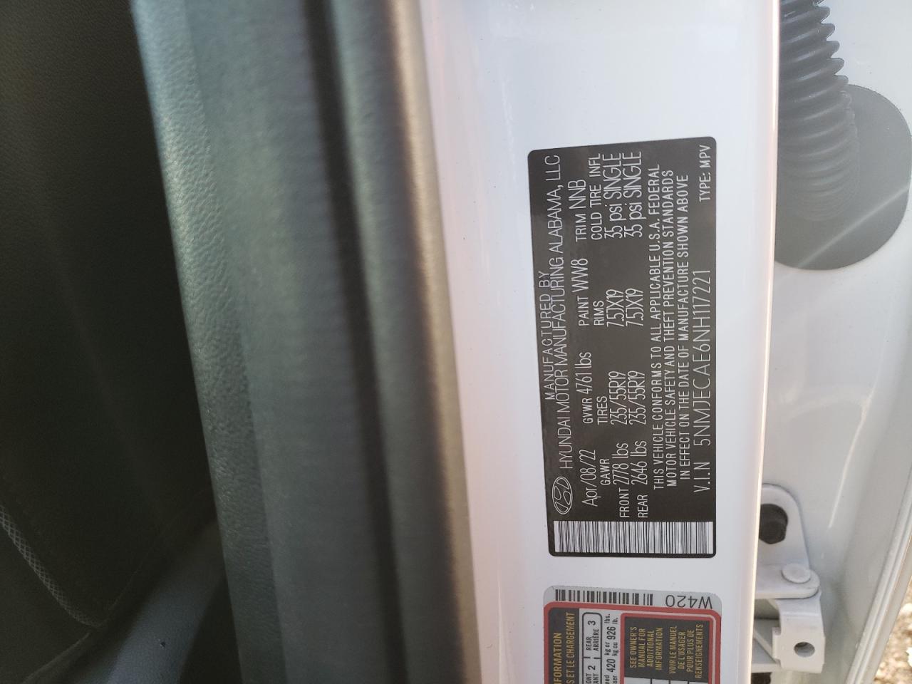 2022 HYUNDAI TUCSON LIMITED VIN:5NMJECAE6NH117221