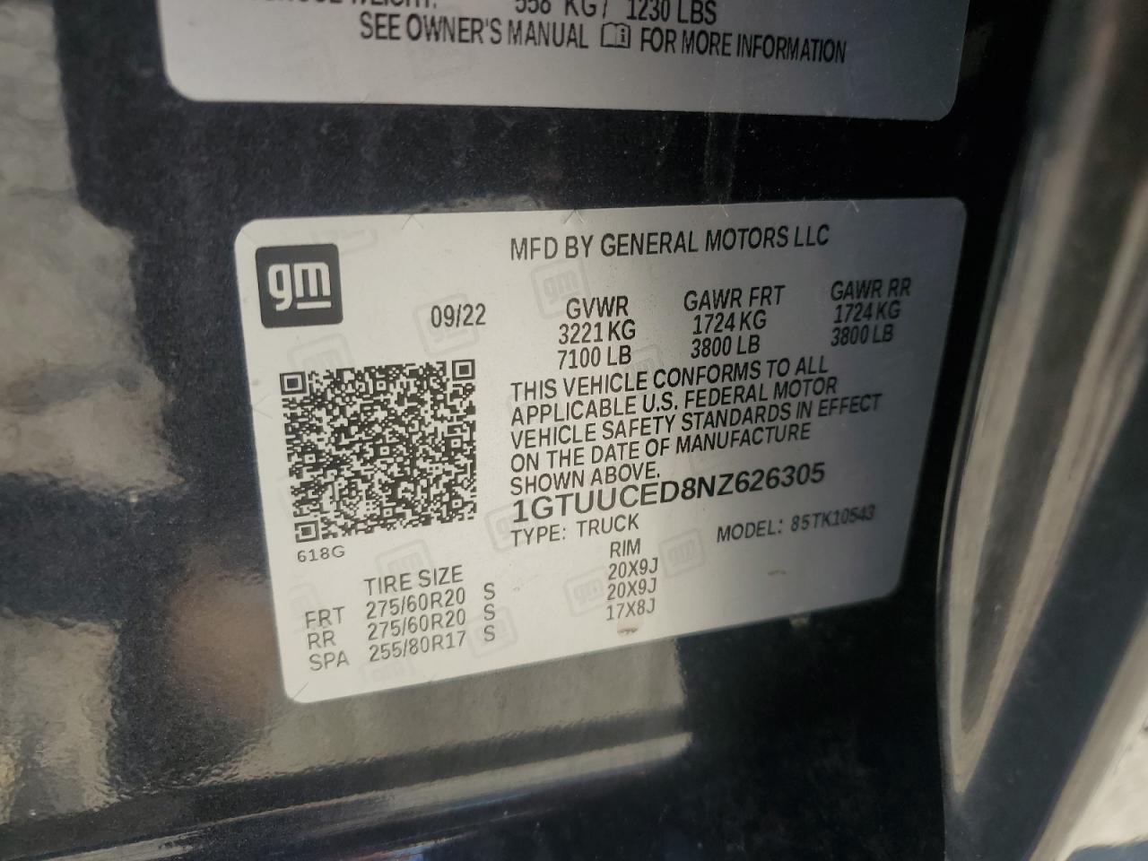 2022 GMC SIERRA K1500 ELEVATION VIN:1GTUUCED8NZ626305