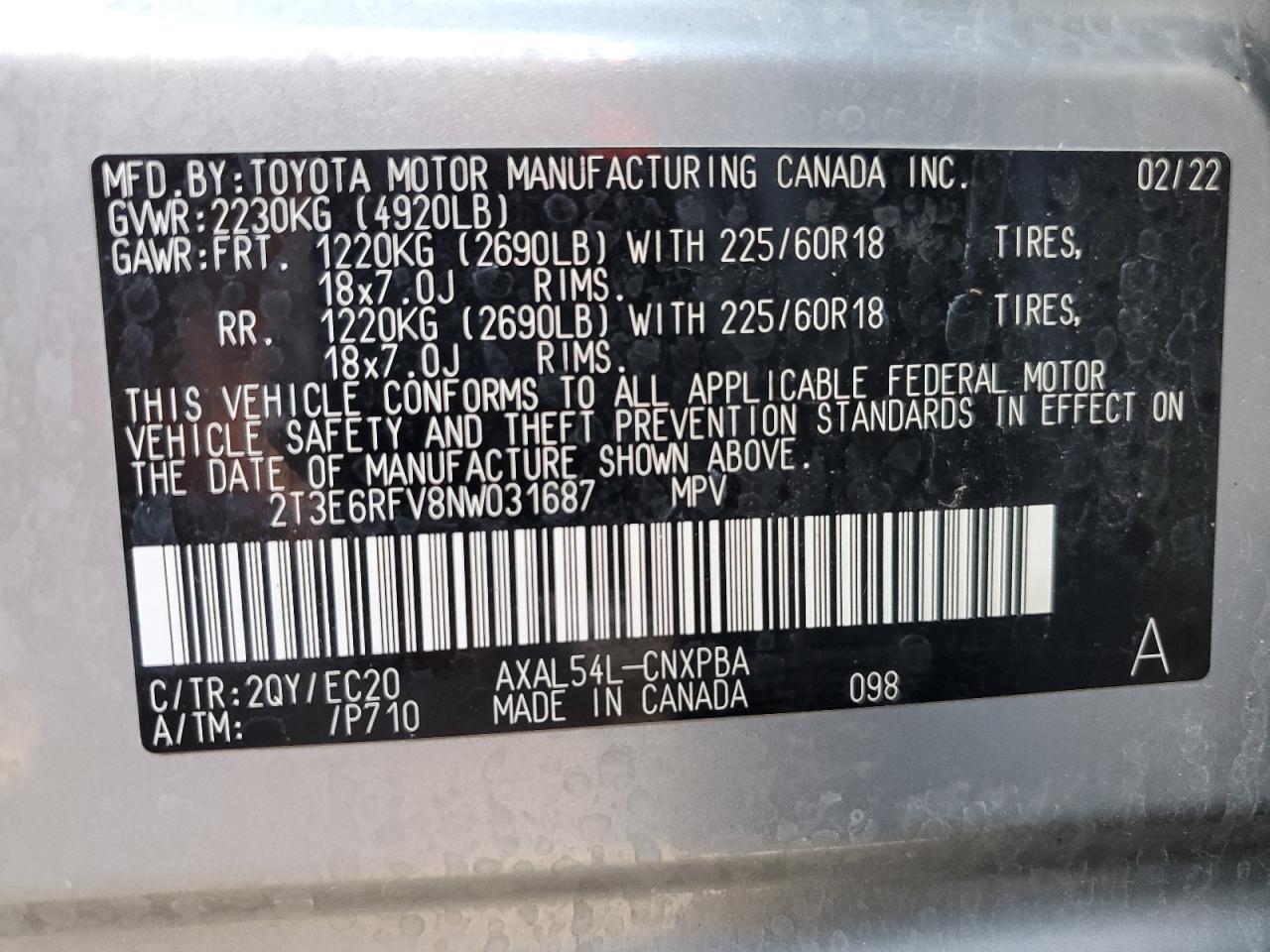 2022 TOYOTA RAV4 XSE VIN:2T3E6RFV8NW031687