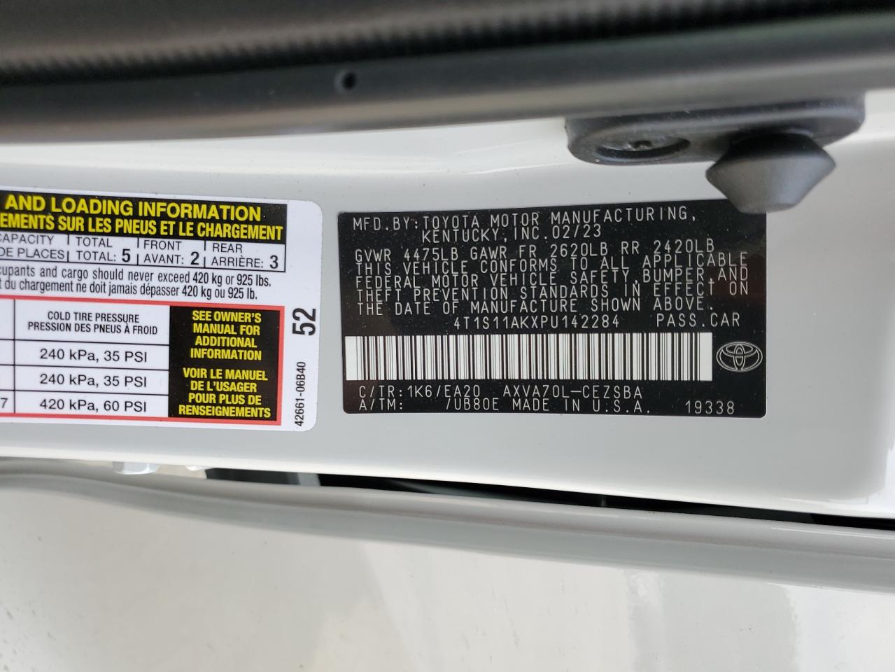 2023 TOYOTA CAMRY SE NIGHT SHADE VIN:4T1S11AKXPU142284