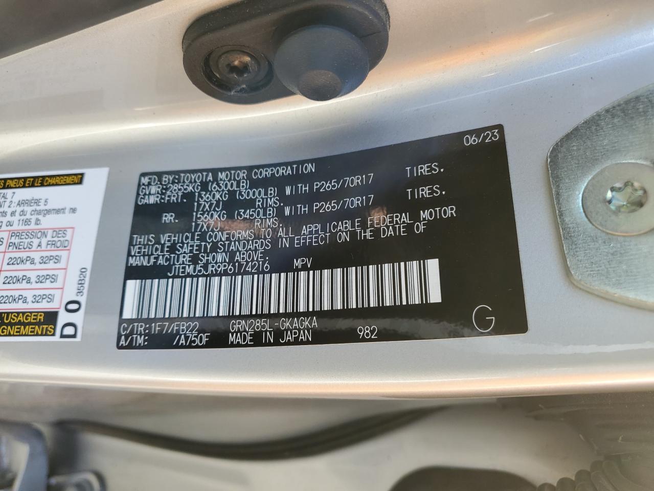 2023 TOYOTA 4RUNNER SE VIN:JTEMU5JR9P6174216