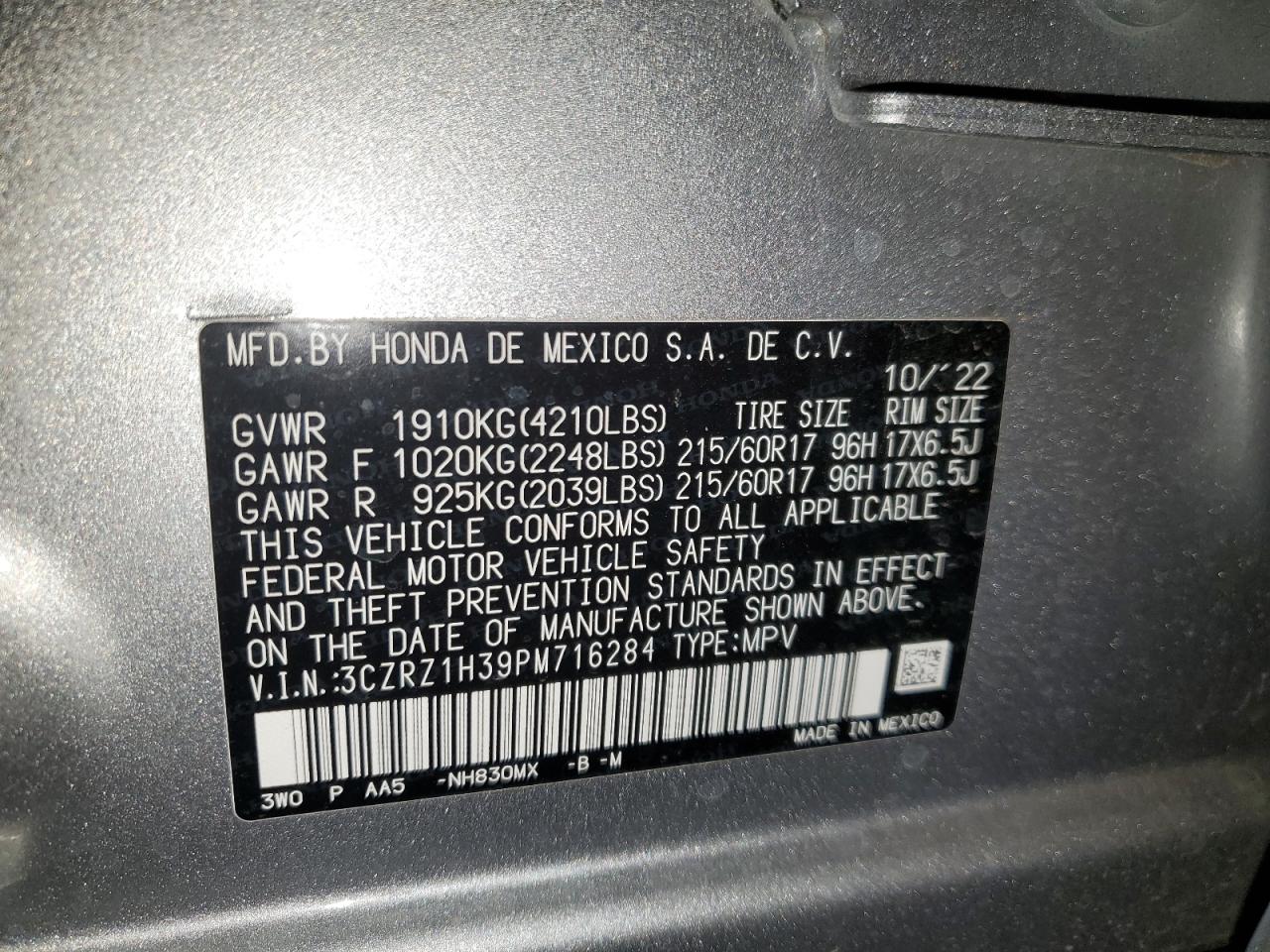 2023 HONDA HR-V LX VIN:3CZRZ1H39PM716284