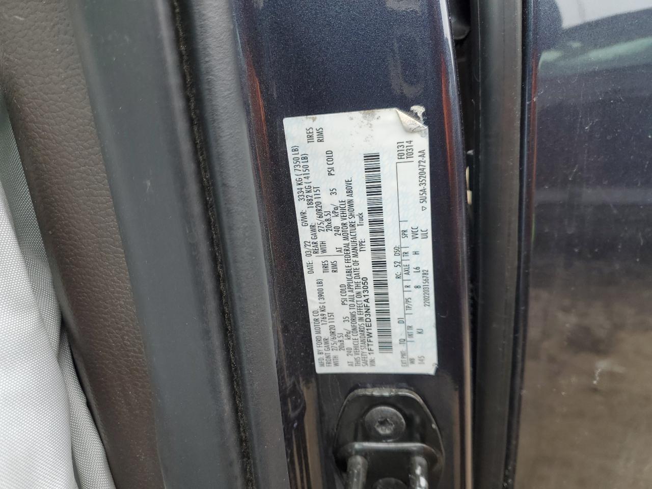 2022 FORD F150 SUPERCREW VIN:1FTFW1ED3NFA13050