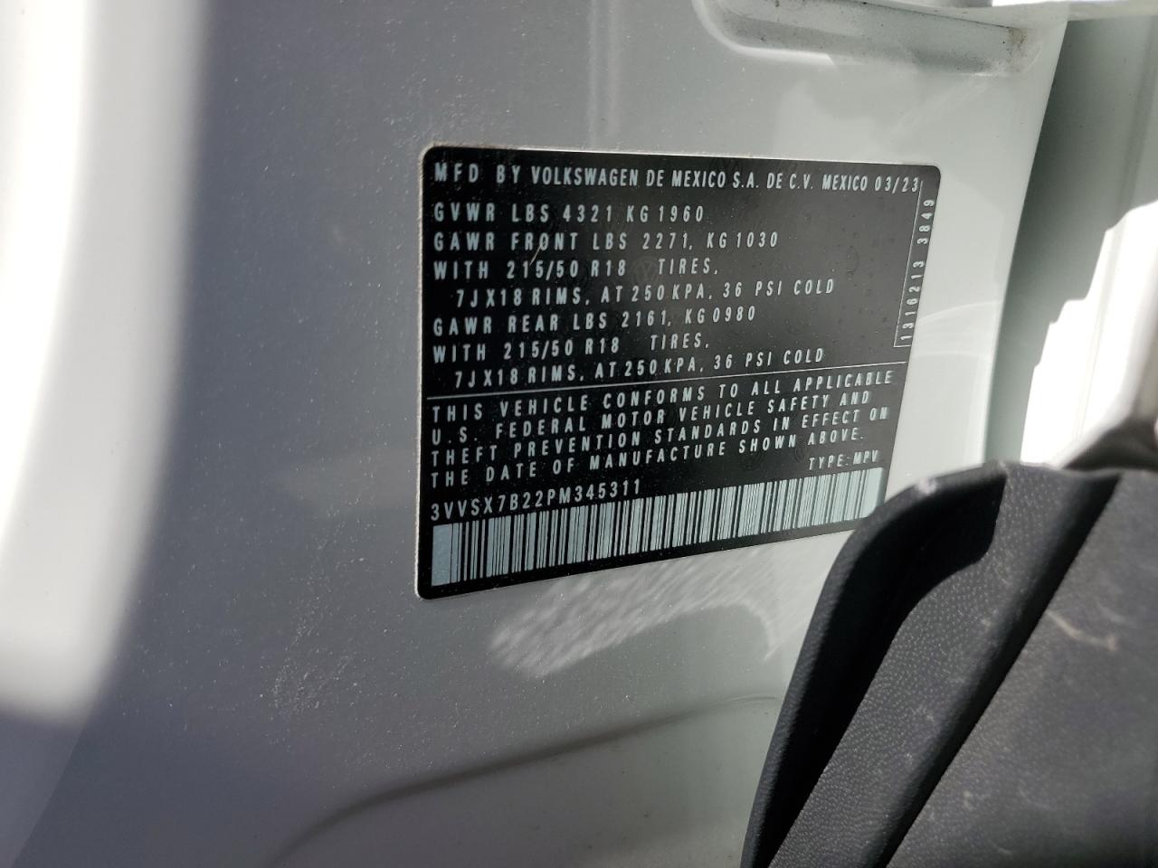2023 VOLKSWAGEN TAOS SE VIN:3VVSX7B22PM345311