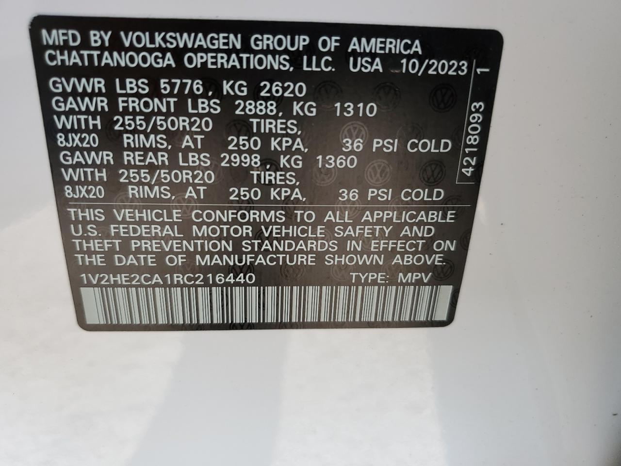 2024 VOLKSWAGEN ATLAS CROSS SPORT SE VIN:1V2HE2CA1RC216440