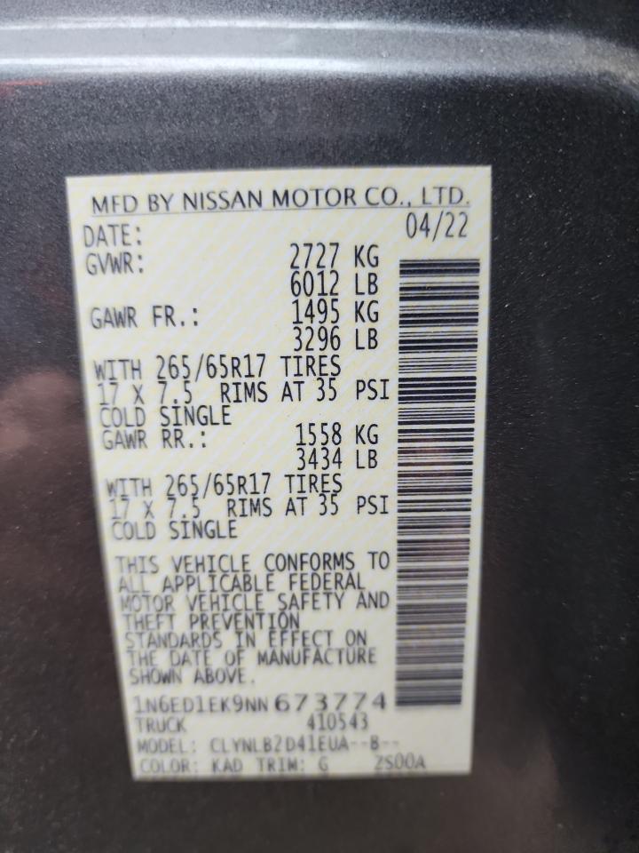 2022 NISSAN FRONTIER S VIN:1N6ED1EK9NN673774