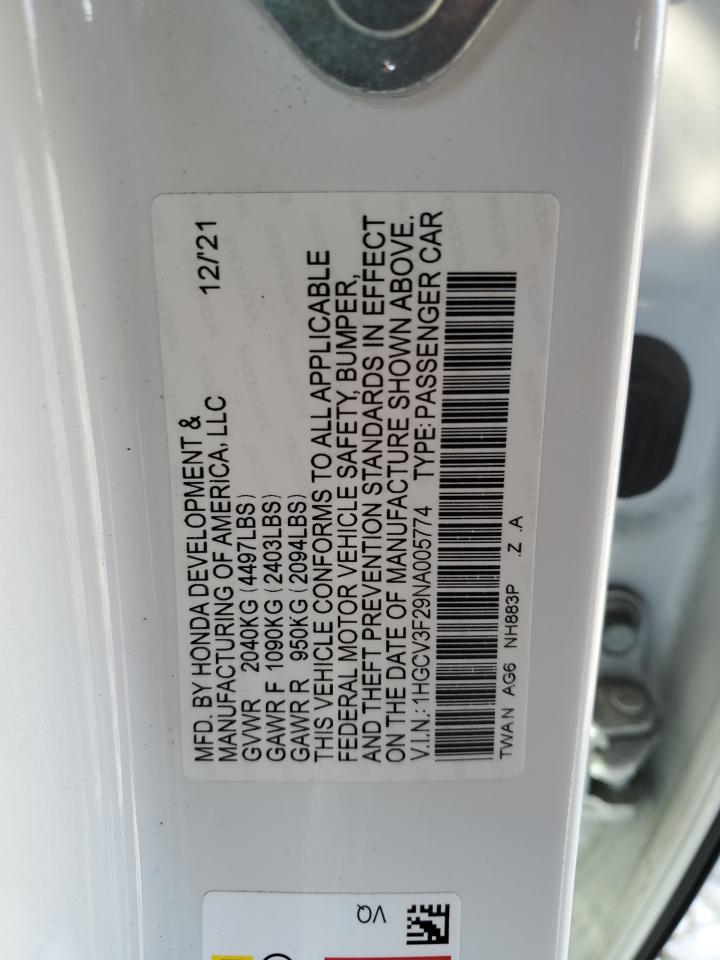 2022 HONDA ACCORD HYBRID SPORT VIN:1HGCV3F29NA005774