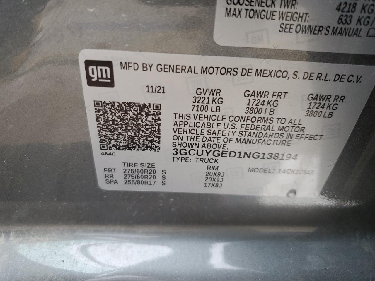 2022 CHEVROLET SILVERADO LTD K1500 LTZ VIN:3GCUYGED1NG138194