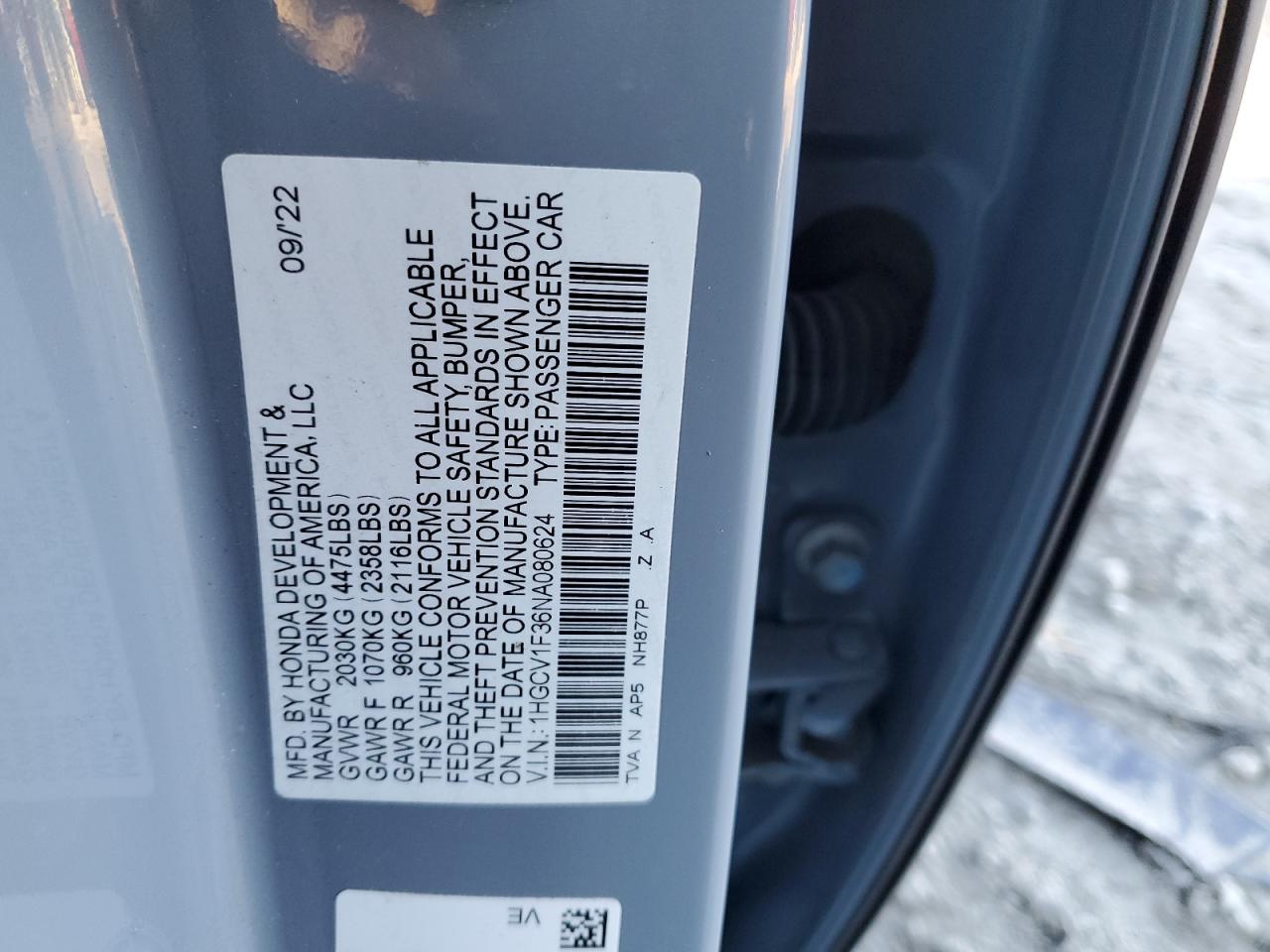 2022 HONDA ACCORD SPORT VIN:1HGCV1F36NA080624