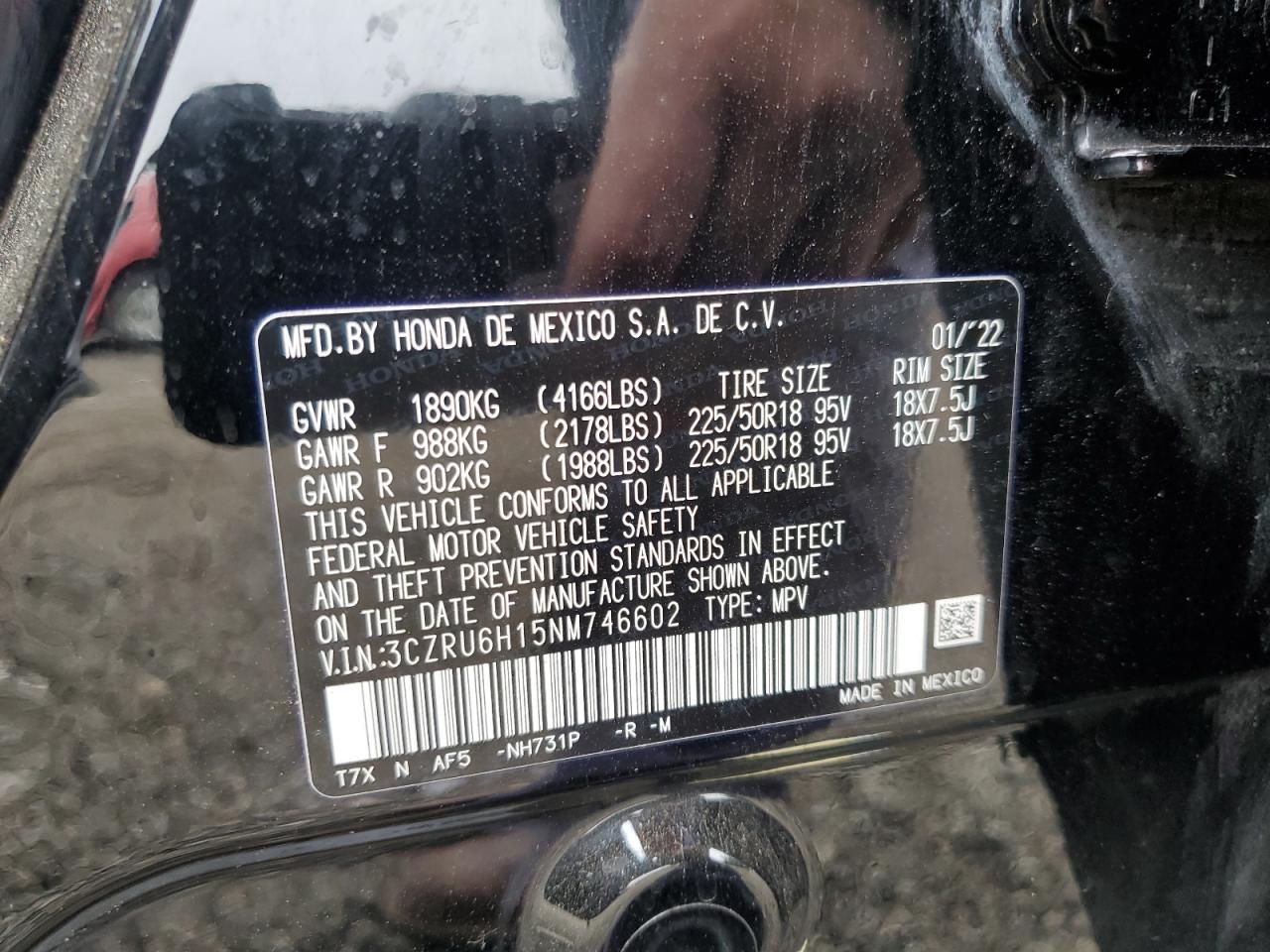 2022 HONDA HR-V SPORT VIN:3CZRU6H15NM746602