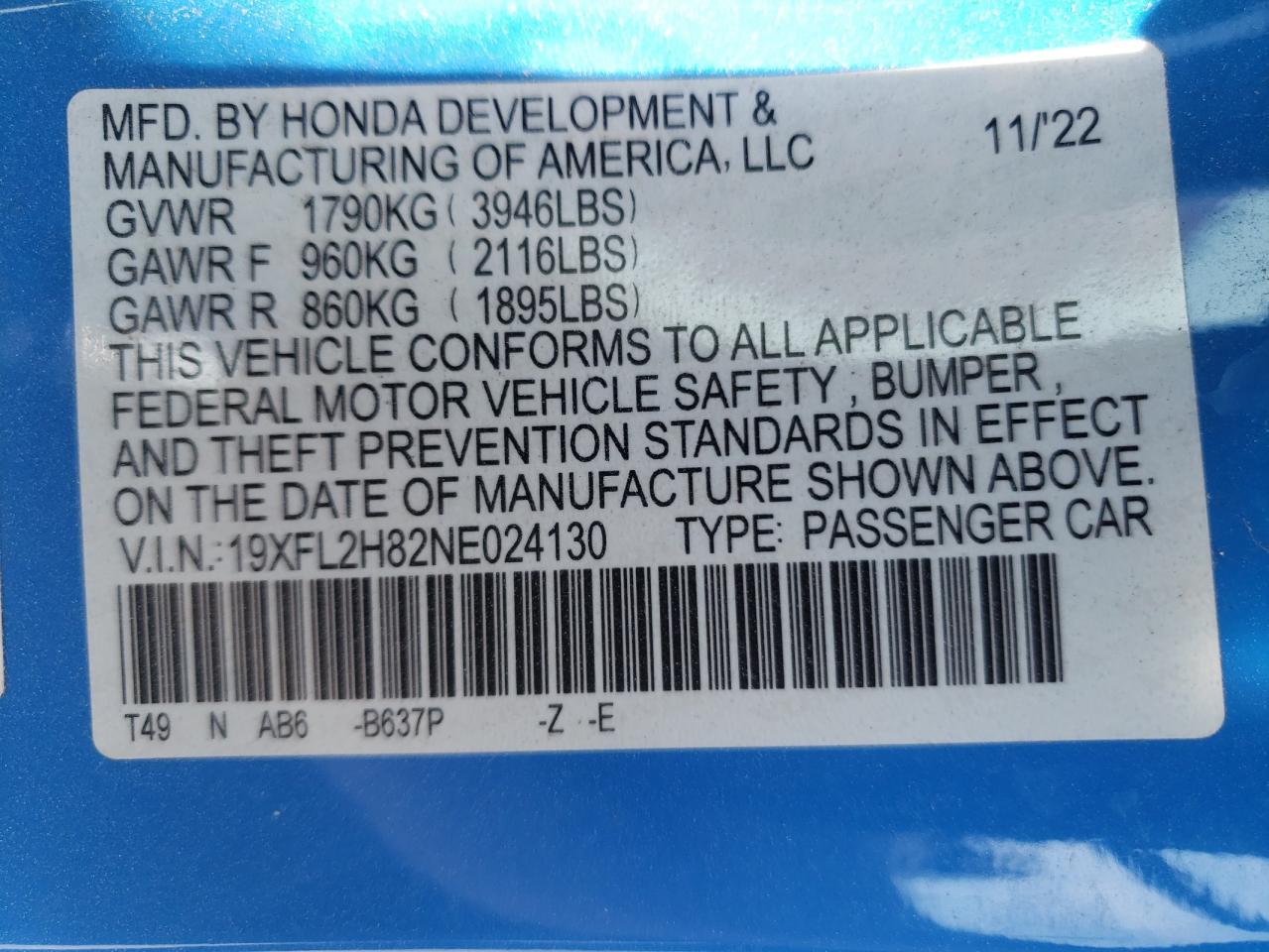 2022 HONDA CIVIC SPORT VIN:19XFL2H82NE024130