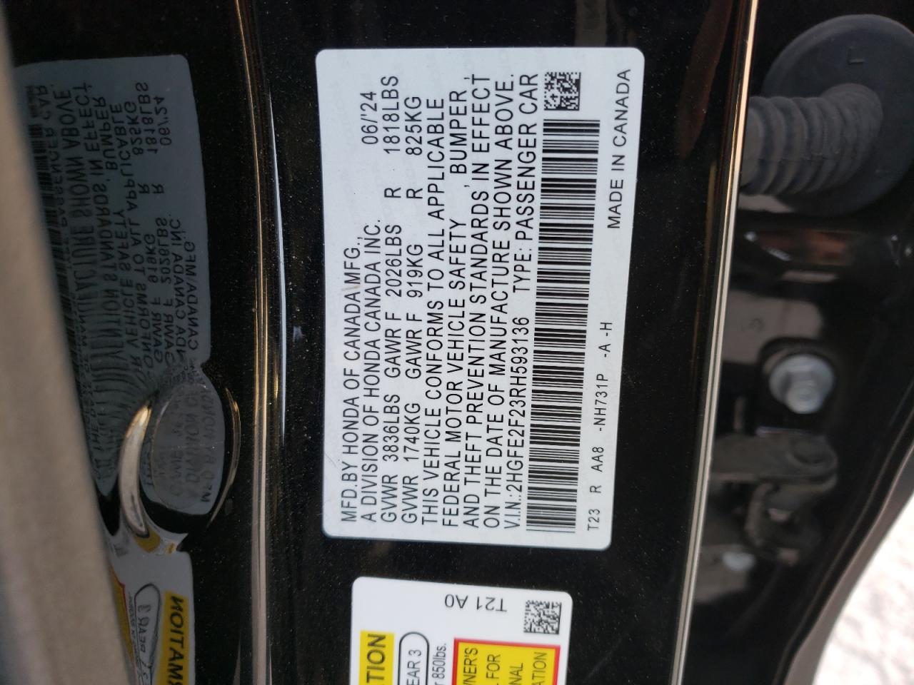 2024 HONDA CIVIC LX VIN:2HGFE2F23RH593136