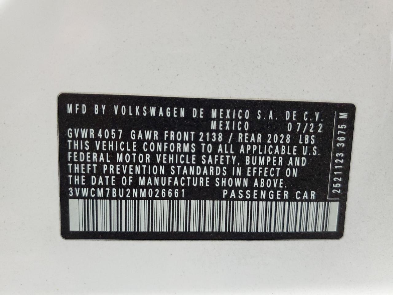 2022 VOLKSWAGEN JETTA S VIN:3VWCM7BU2NM026661