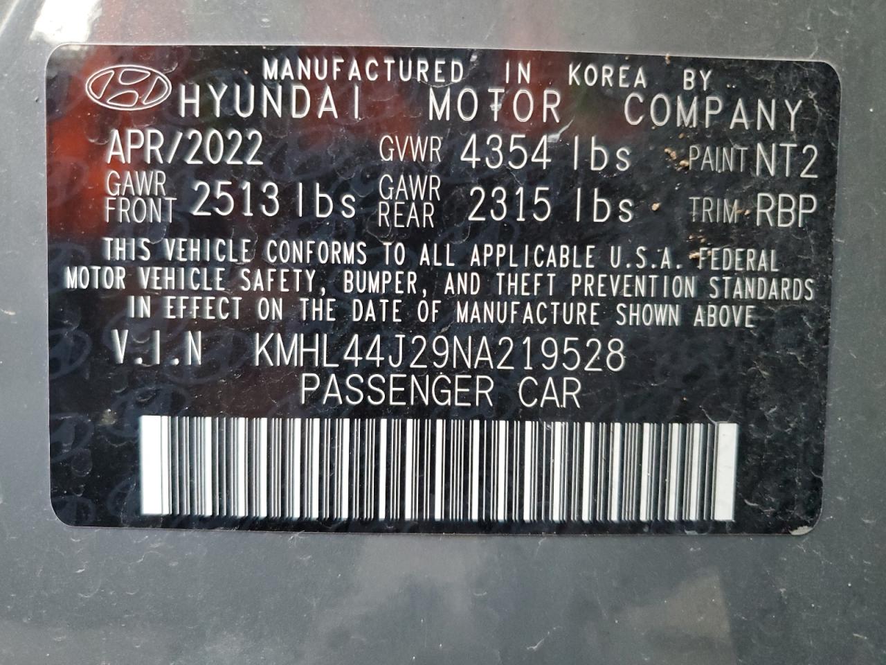 2022 HYUNDAI SONATA SEL PLUS VIN:KMHL44J29NA219528