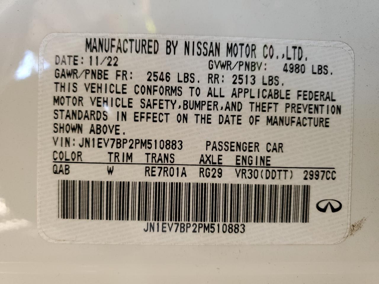 2023 INFINITI Q50 LUXE VIN:JN1EV7BP2PM510883