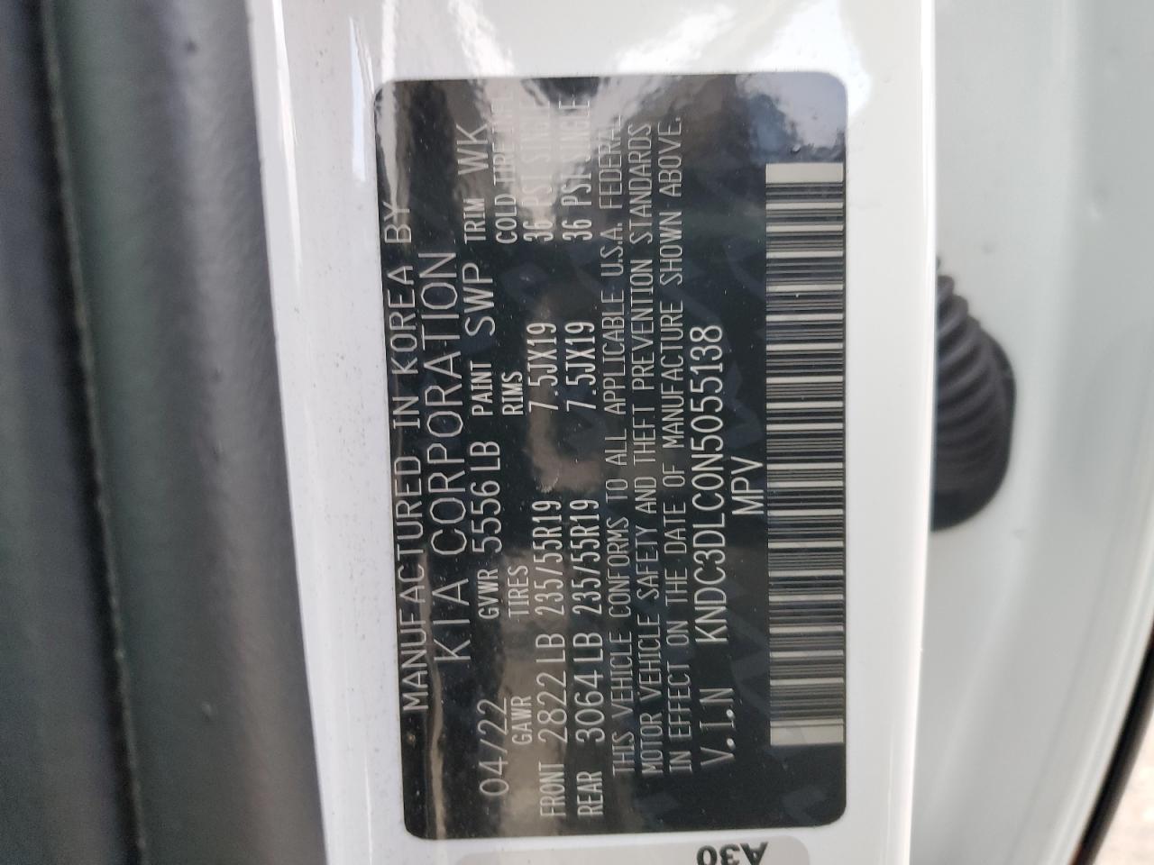 2022 KIA EV6 LIGHT VIN:KNDC3DLC0N5055138