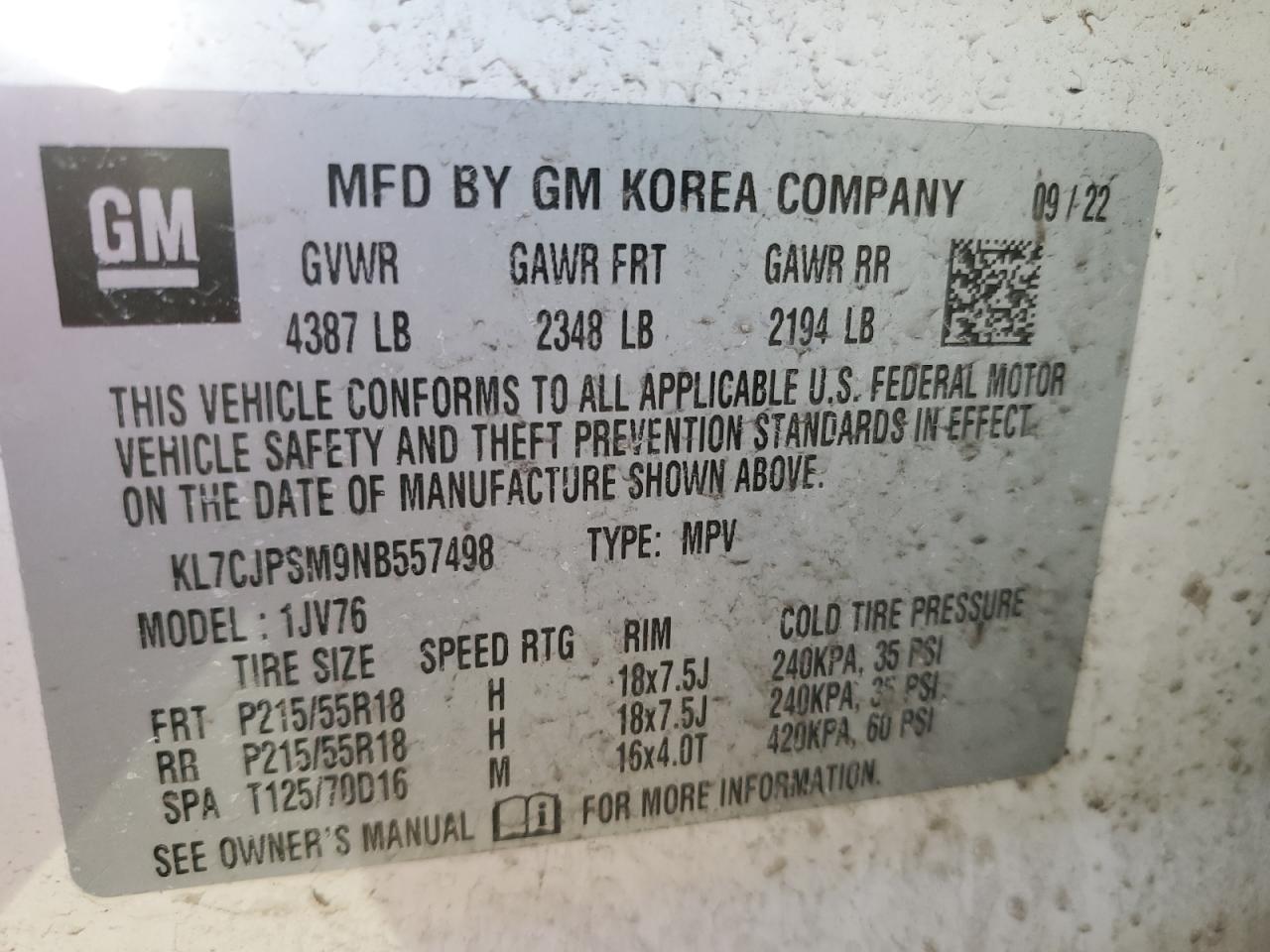 2022 CHEVROLET TRAX 1LT VIN:KL7CJPSM9NB557498