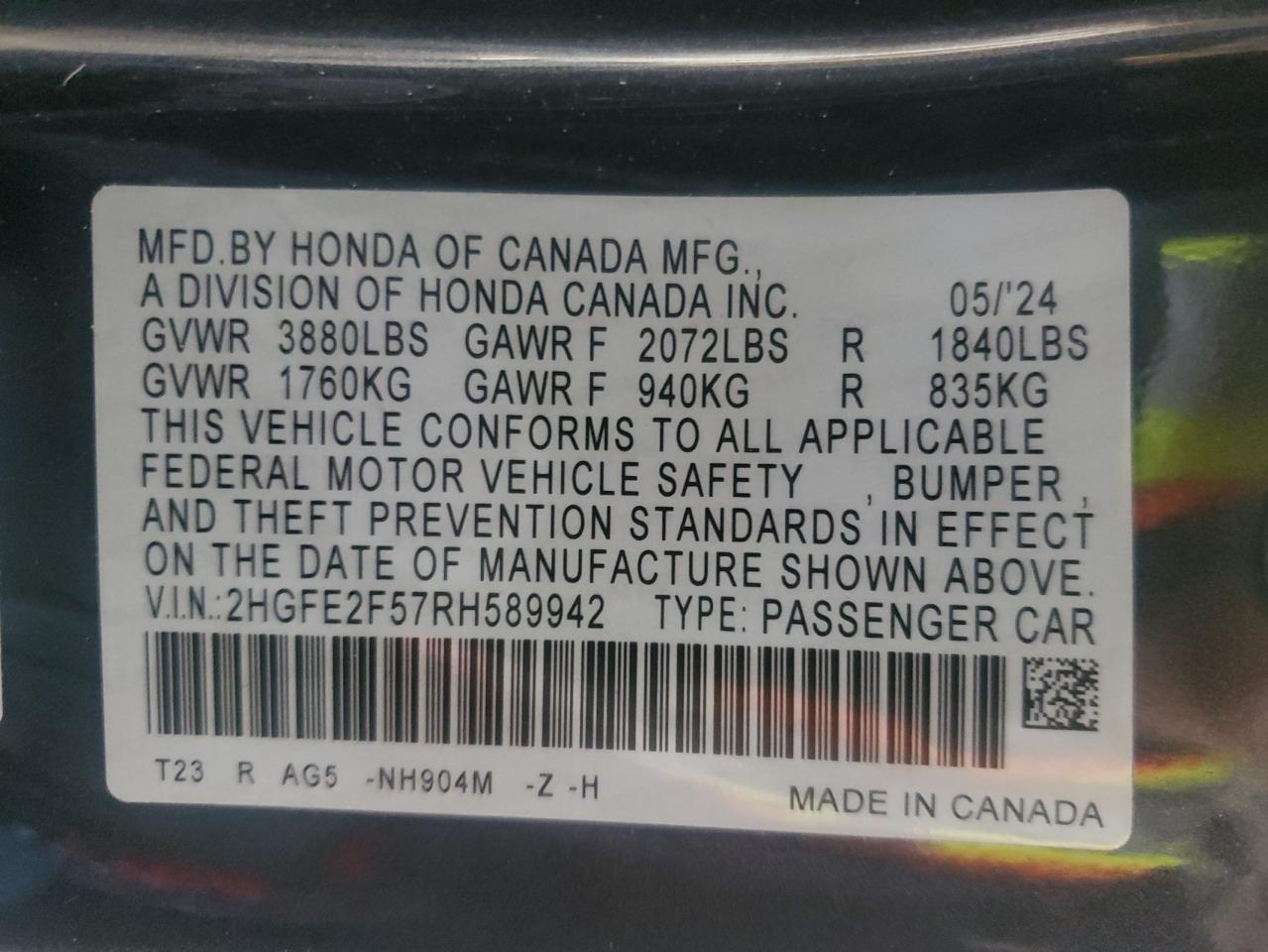 2024 HONDA CIVIC SPORT VIN:2HGFE2F57RH589942