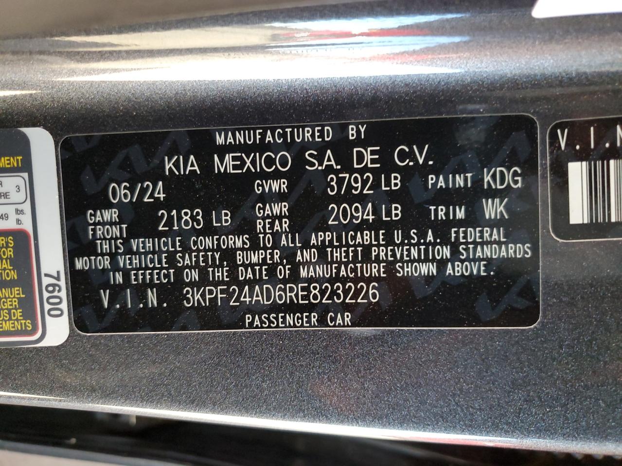 2024 KIA FORTE LX VIN:3KPF24AD6RE823226