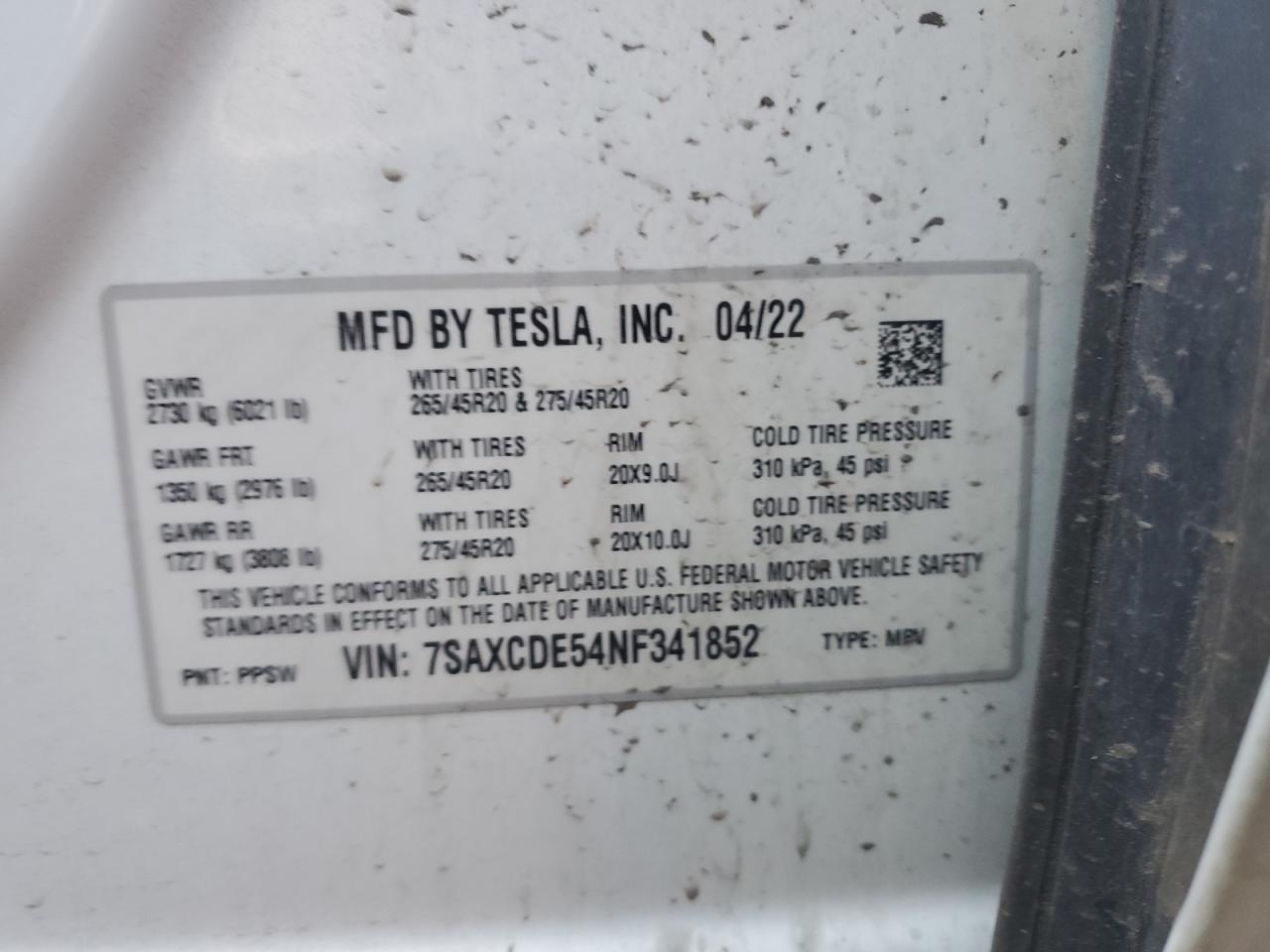 2022 TESLA MODEL X  VIN:7SAXCDE54NF341852