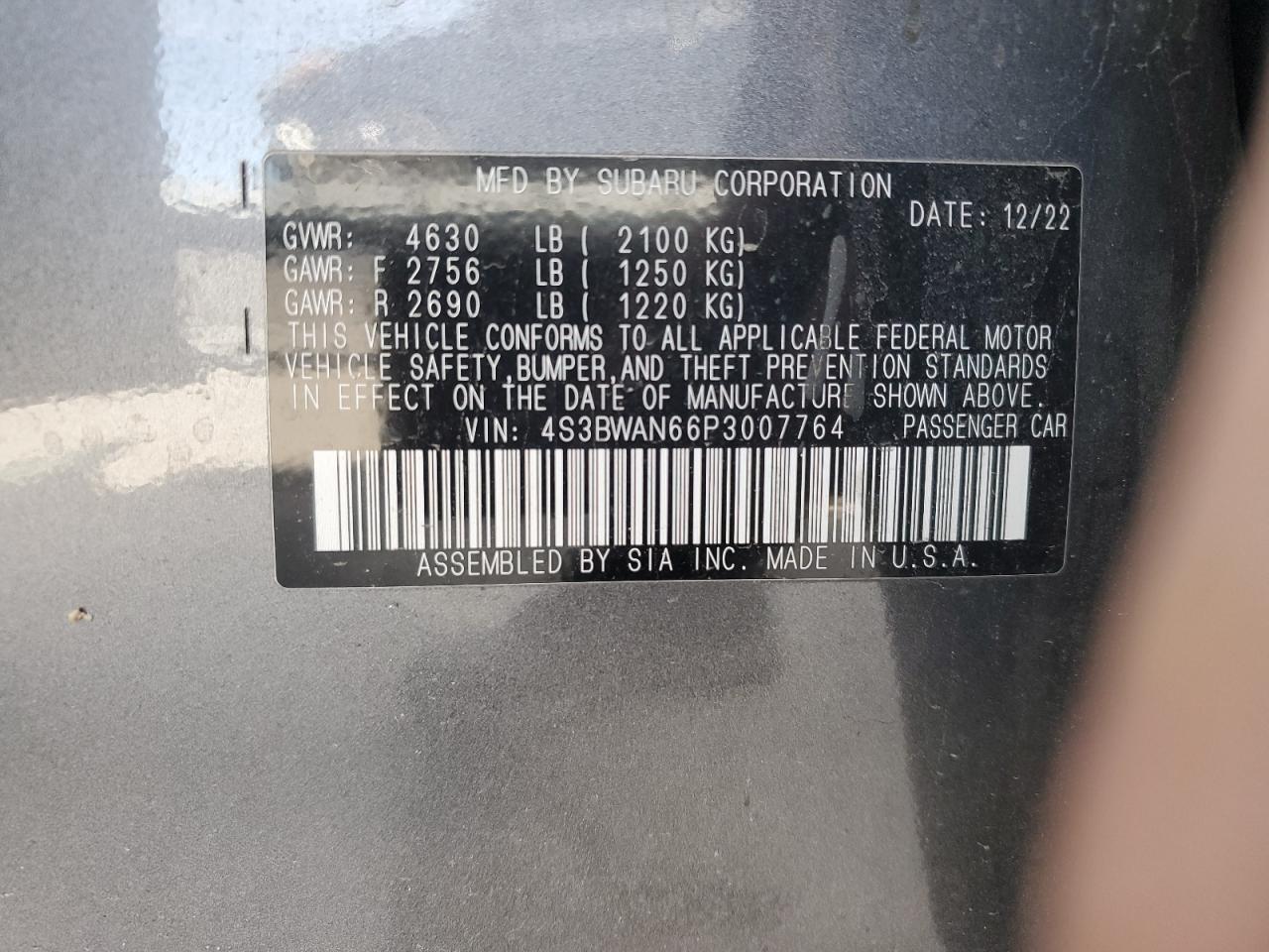 2023 SUBARU LEGACY LIMITED VIN:4S3BWAN66P3007764