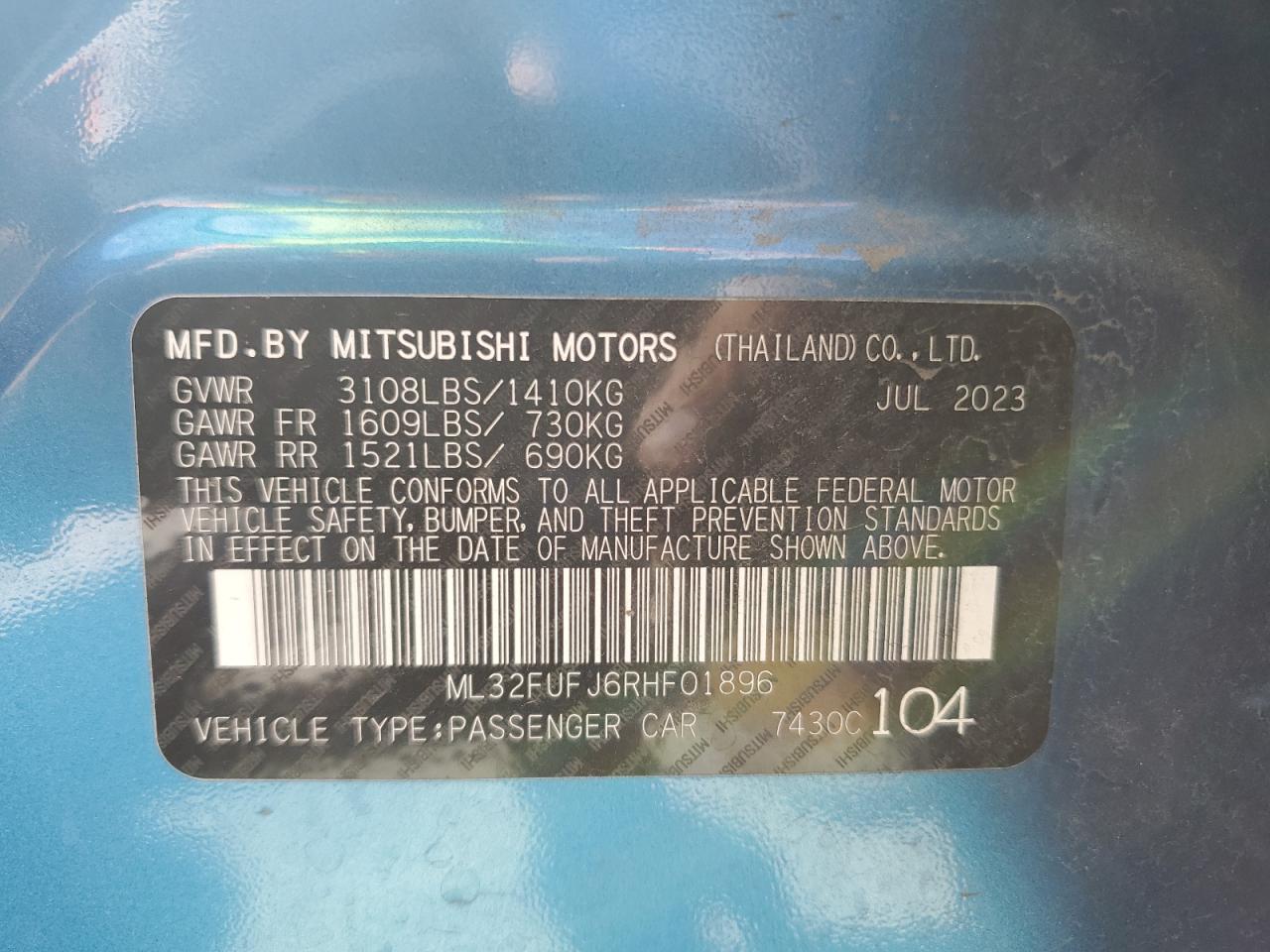 2024 MITSUBISHI MIRAGE G4 ES VIN:ML32FUFJ6RHF01896