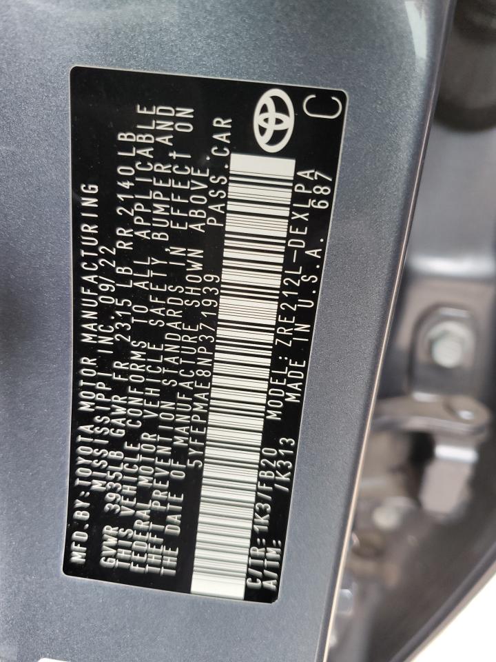 2022 TOYOTA COROLLA LE VIN:5YFEPMAE8NP371939