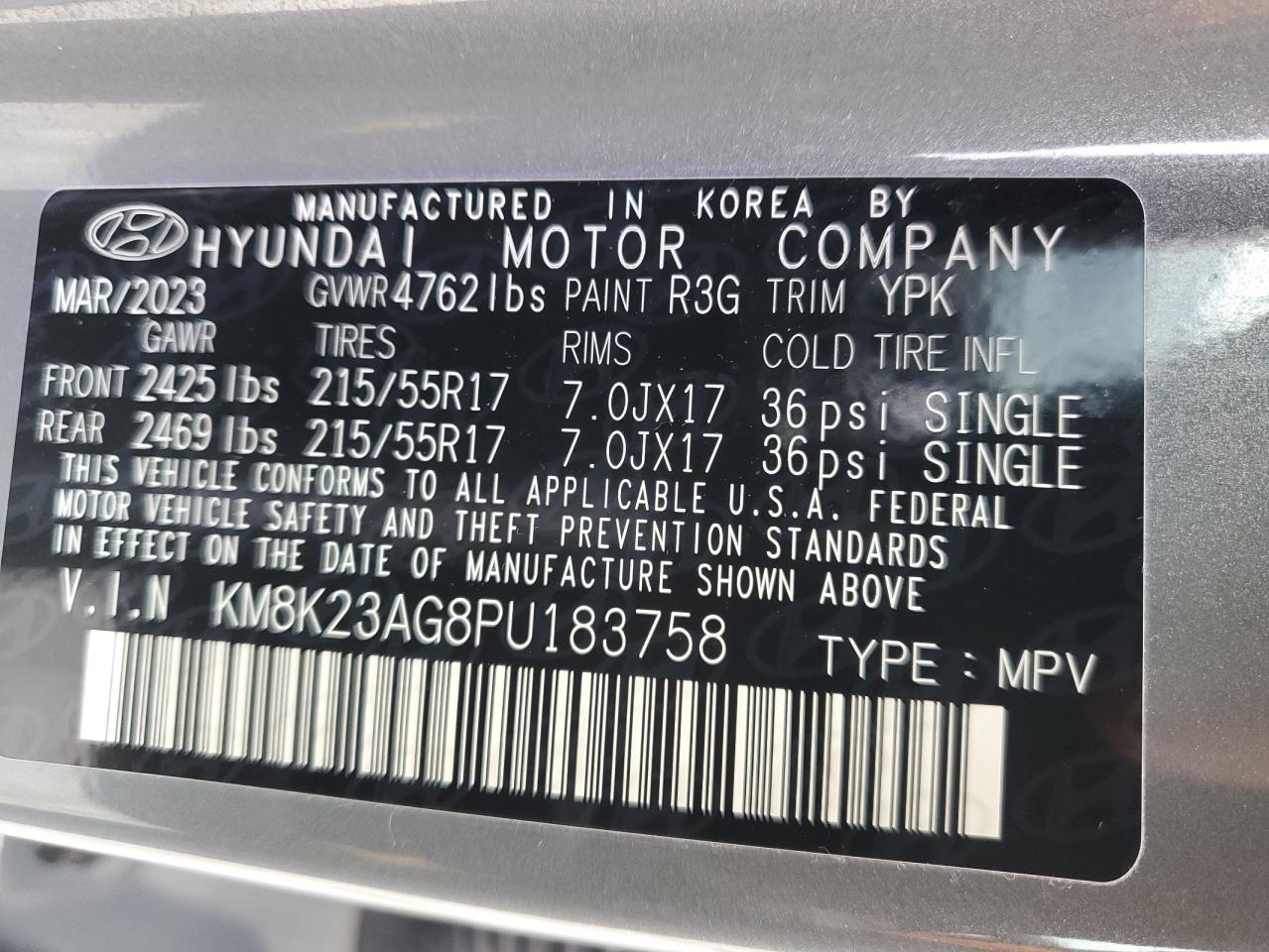 2023 HYUNDAI KONA SE VIN:KM8K23AG8PU183758