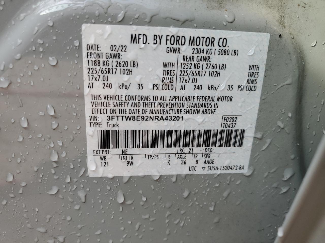 2022 FORD MAVERICK XL VIN:3FTTW8E92NRA43201