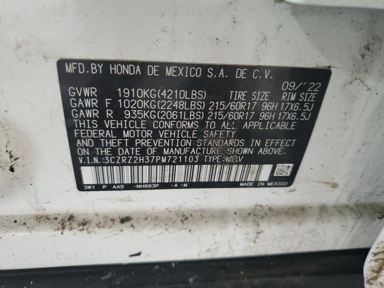 2023 HONDA HR-V LX VIN:3CZRZ2H37PM721103